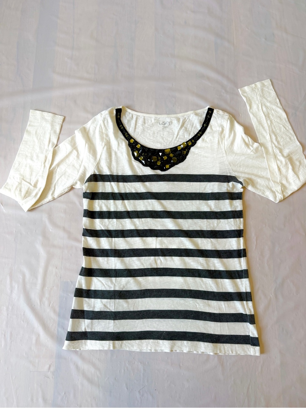 Ann Taylor LOFT Embellished Black cream Striped Top scoop neck Size S